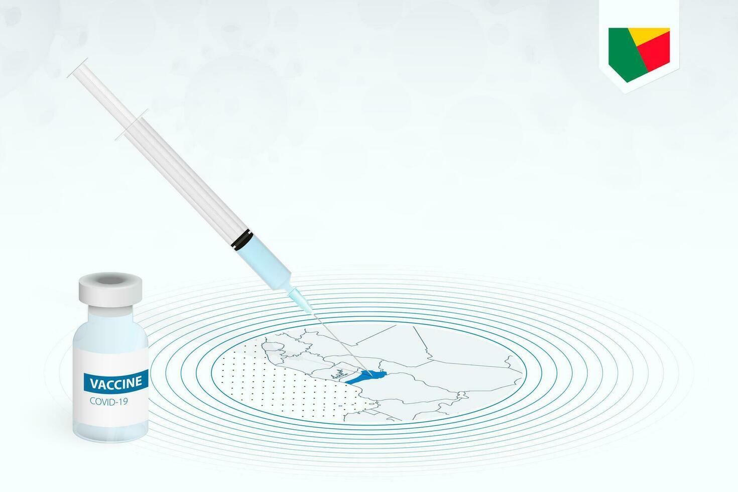 COVID-19 vaccination in Benin, coronavirus vaccination illustration with vaccine bottle and syringe injection in map of Benin. vector
