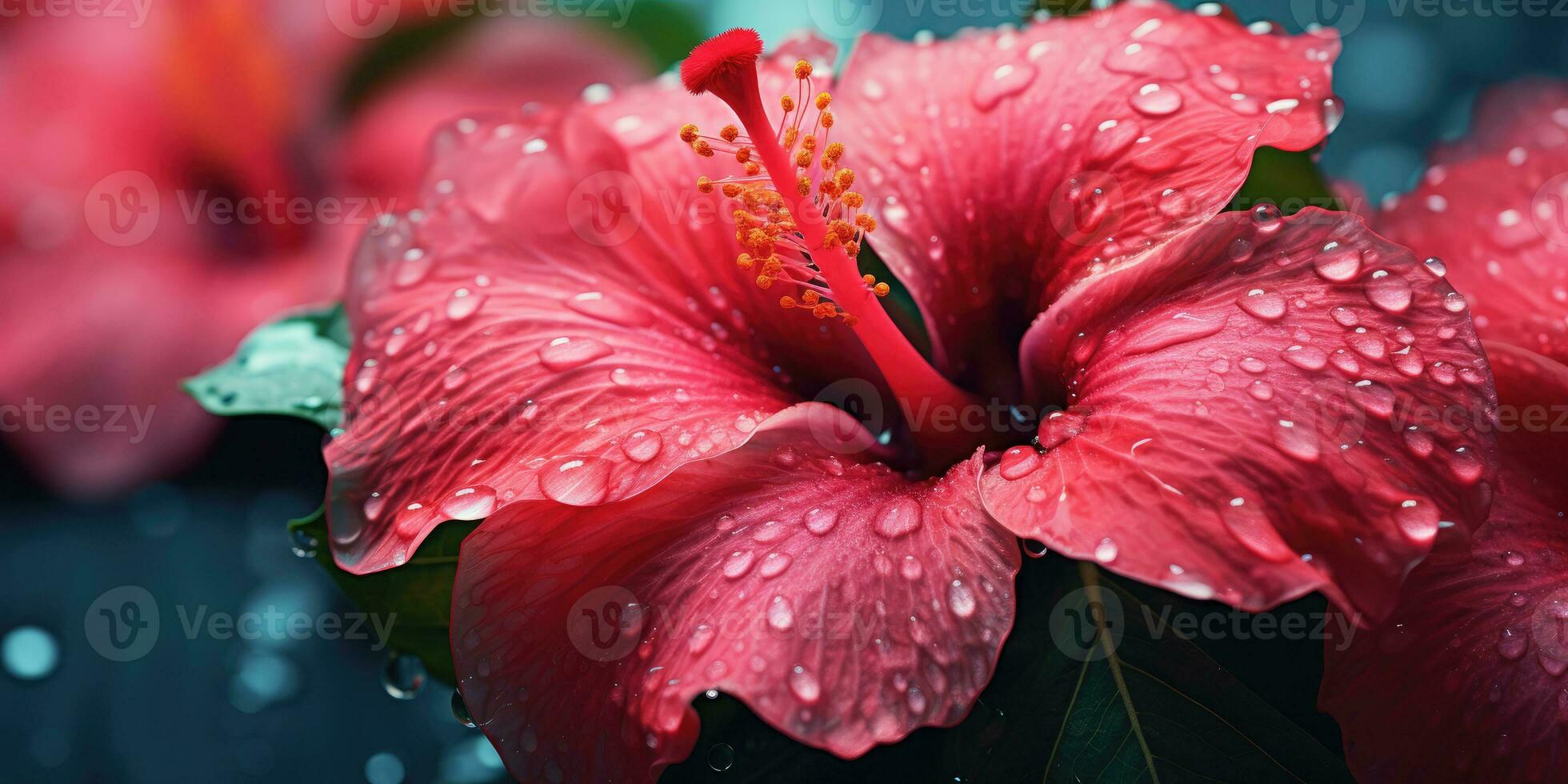 close-up hibiscus with drops water wallpaper. Created with AI tools photo