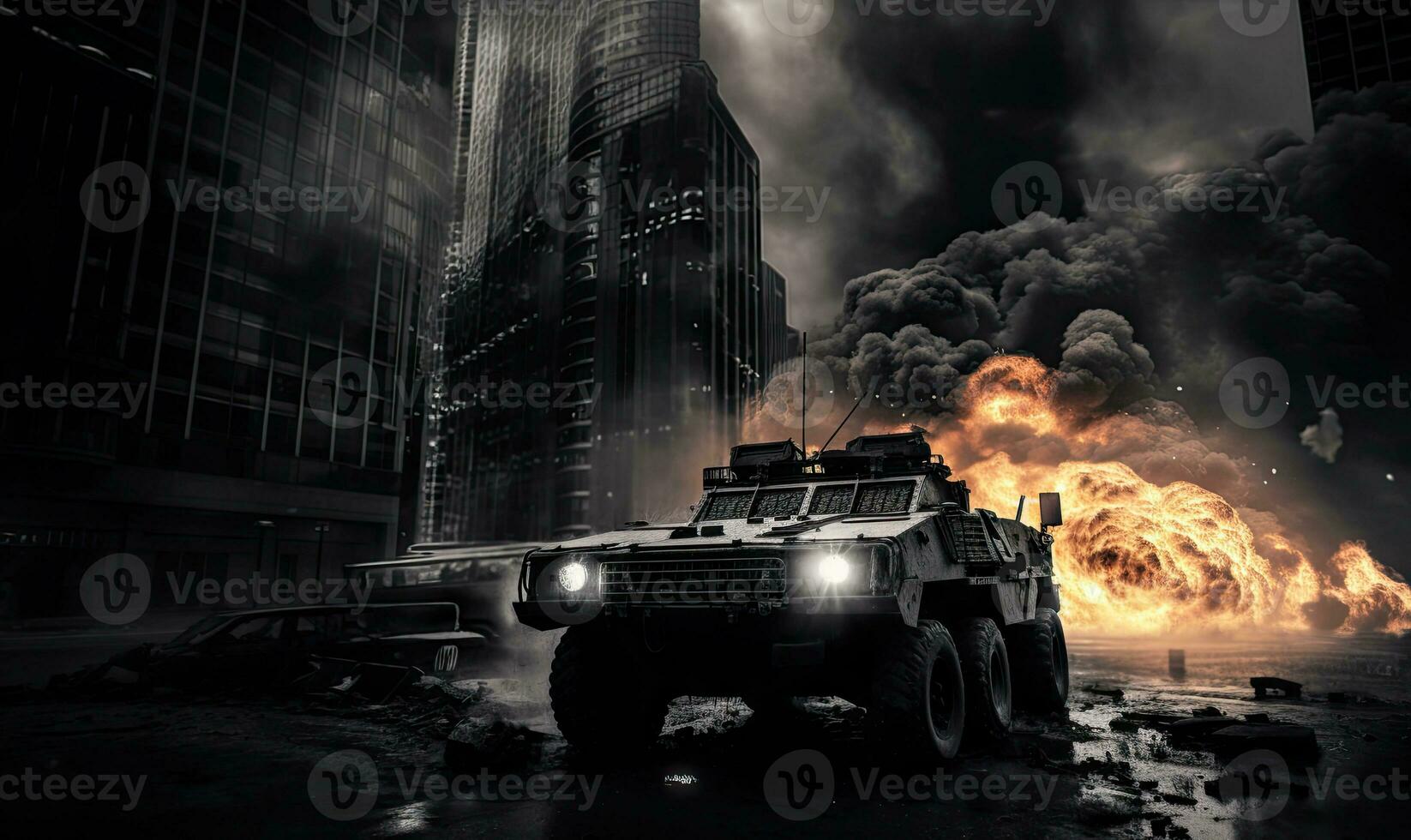 Intense battlefield scene. Burning armored military vehicle in city. Created AI tools photo