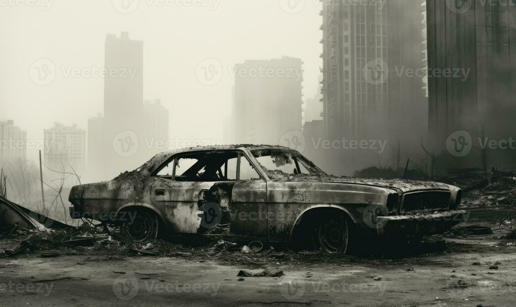 Burnt-out police car in an a city street backdrop. Created with AI photo