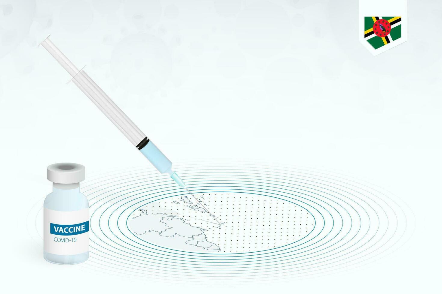 COVID-19 vaccination in Dominica, coronavirus vaccination illustration with vaccine bottle and syringe injection in map of Dominica. vector