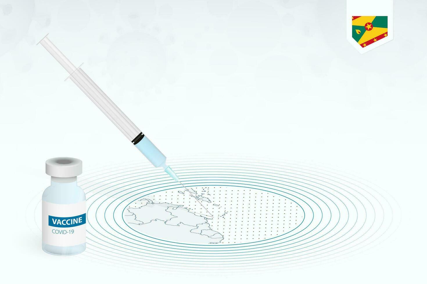 COVID-19 vaccination in Grenada, coronavirus vaccination illustration with vaccine bottle and syringe injection in map of Grenada. vector