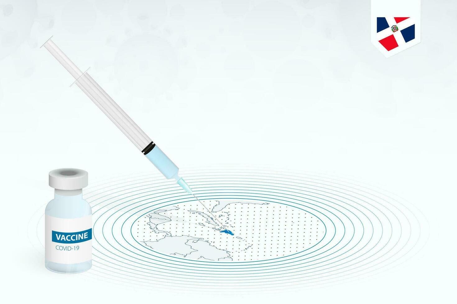 COVID-19 vaccination in Dominican Republic, coronavirus vaccination illustration with vaccine bottle and syringe injection in map of Dominican Republic. vector