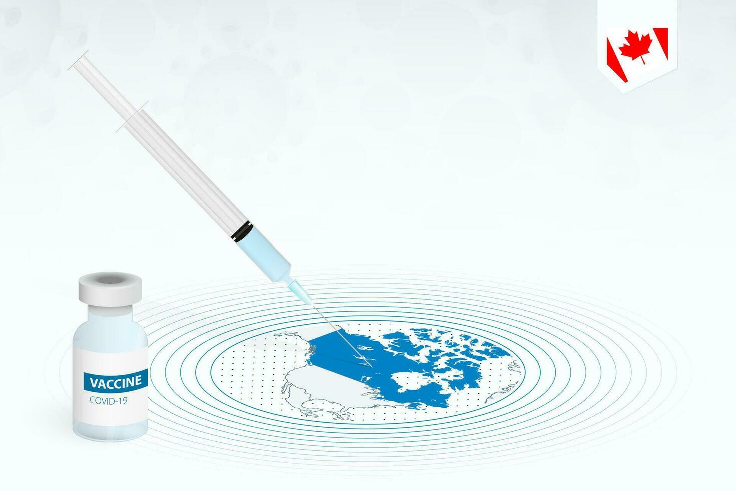 COVID-19 vaccination in Canada, coronavirus vaccination illustration with vaccine bottle and syringe injection in map of Canada. vector