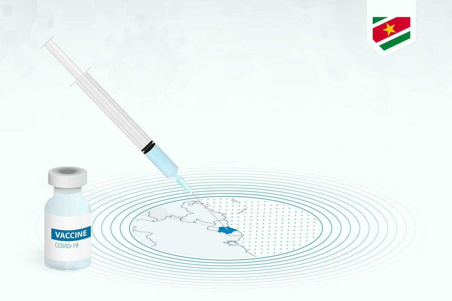 COVID-19 vaccination in Suriname, coronavirus vaccination illustration with vaccine bottle and syringe injection in map of Suriname. vector