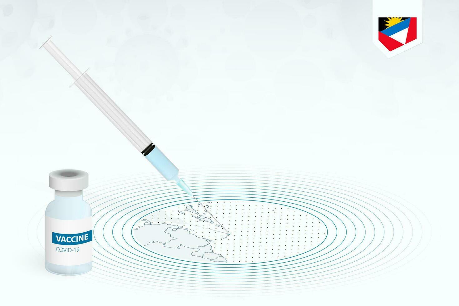 COVID-19 vaccination in Antigua and Barbuda, coronavirus vaccination illustration with vaccine bottle and syringe injection in map of Antigua and Barbuda. vector