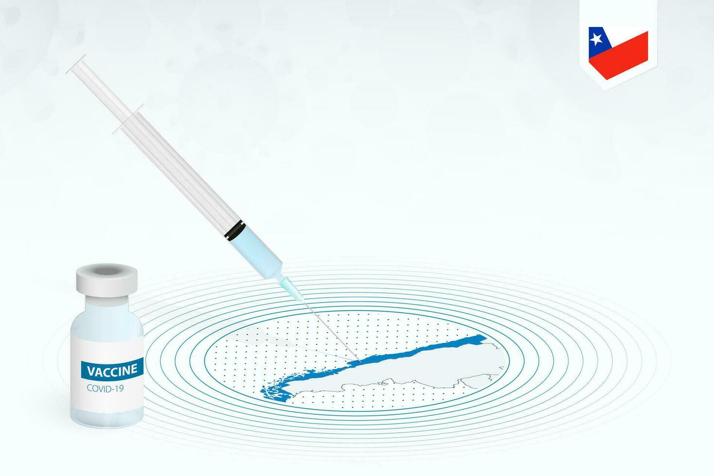 COVID-19 vaccination in Chile, coronavirus vaccination illustration with vaccine bottle and syringe injection in map of Chile. vector