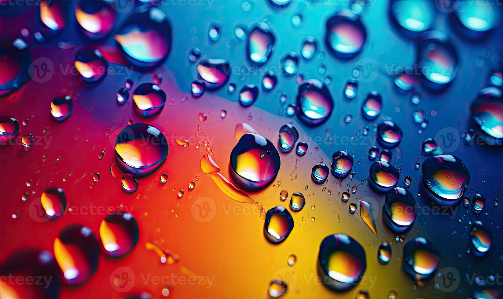 Close-up multicolored drops of water on surface. Created with AI tools photo