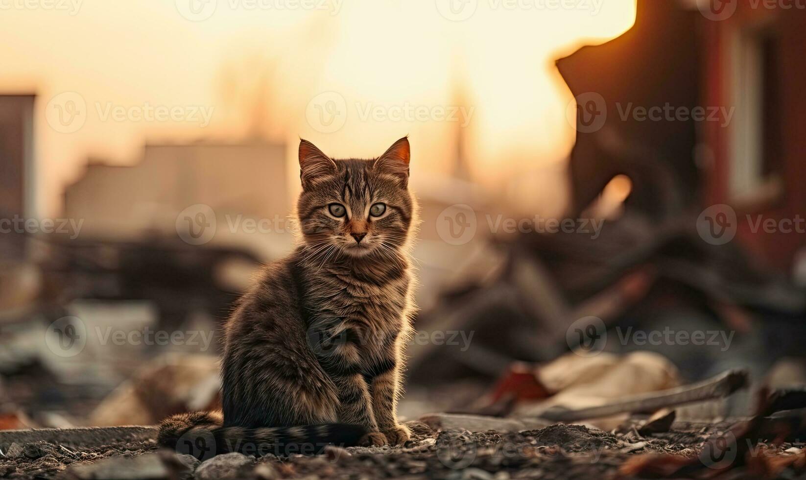 Solitary cat standing against a backdrop of ruins and destruction. Created AI tools photo