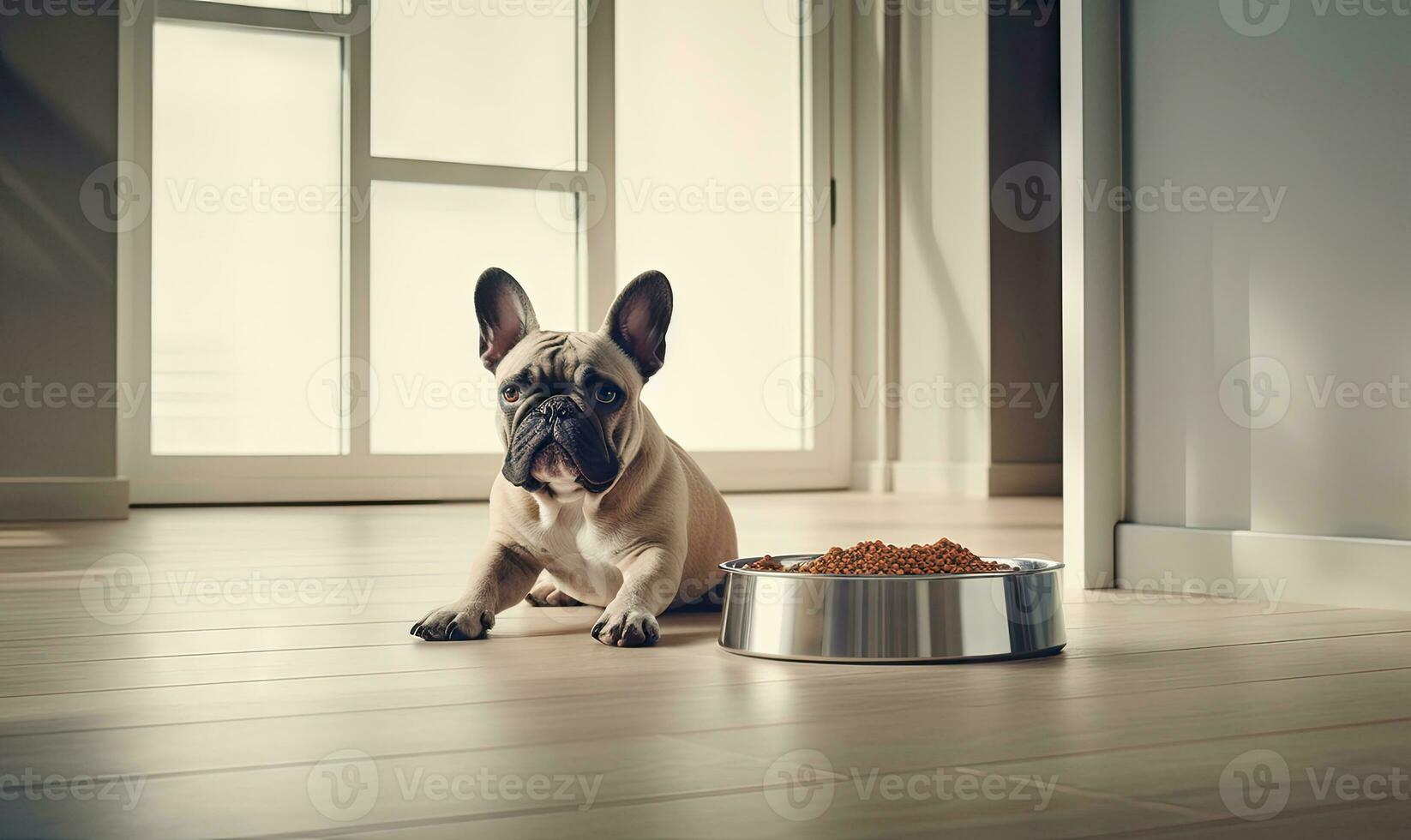 Content french bulldog beside a food bowl. Created with AI photo