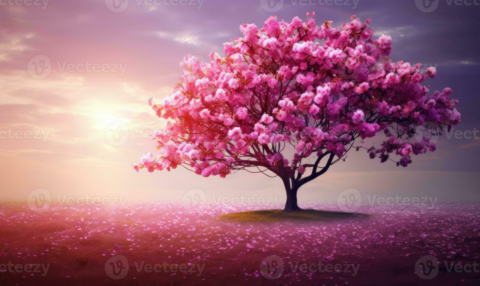 Solitary pink sakura tree in vast field against golden sunset. Created with AI photo