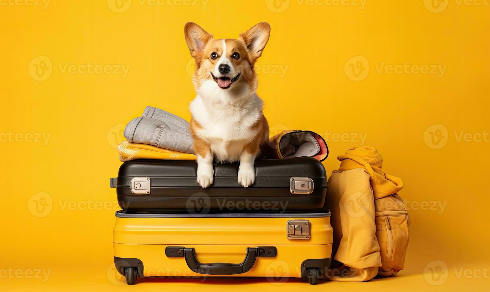 Corgi dog sitting atop suitcases. Created with AI photo