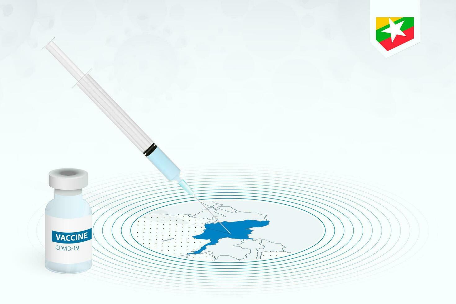 COVID-19 vaccination in Myanmar, coronavirus vaccination illustration with vaccine bottle and syringe injection in map of Myanmar. vector