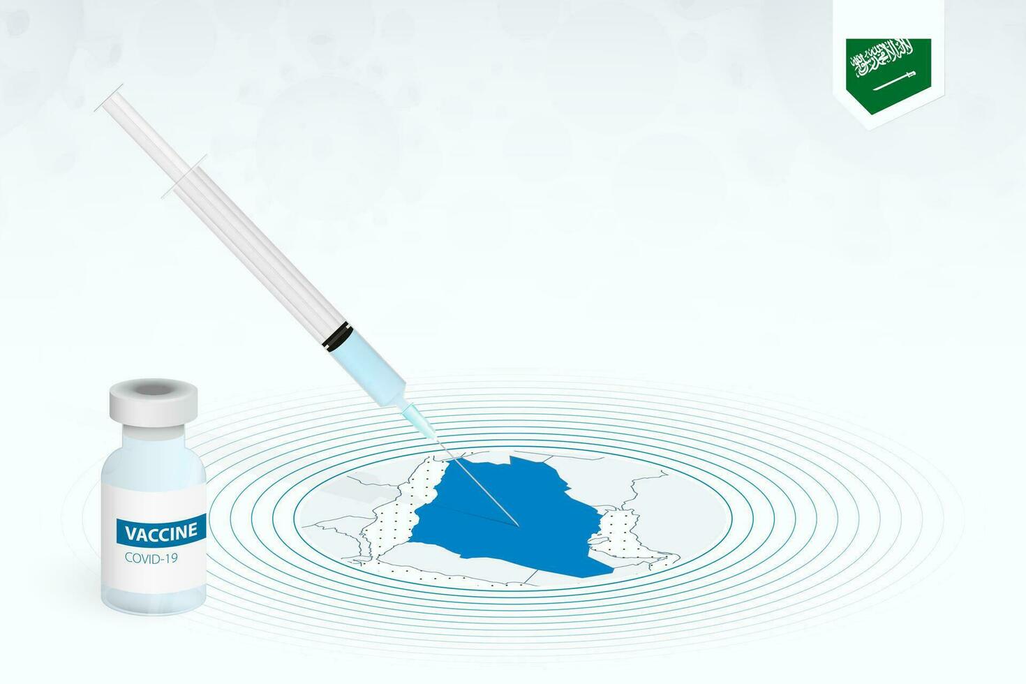 COVID-19 vaccination in Saudi Arabia, coronavirus vaccination illustration with vaccine bottle and syringe injection in map of Saudi Arabia. vector