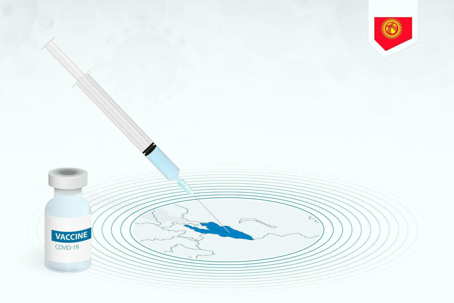 COVID-19 vaccination in Kyrgyzstan, coronavirus vaccination illustration with vaccine bottle and syringe injection in map of Kyrgyzstan. vector