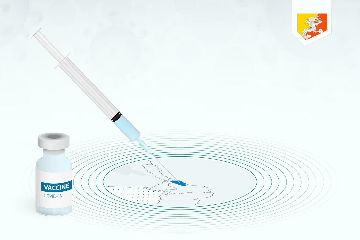 COVID-19 vaccination in Bhutan, coronavirus vaccination illustration with vaccine bottle and syringe injection in map of Bhutan. vector