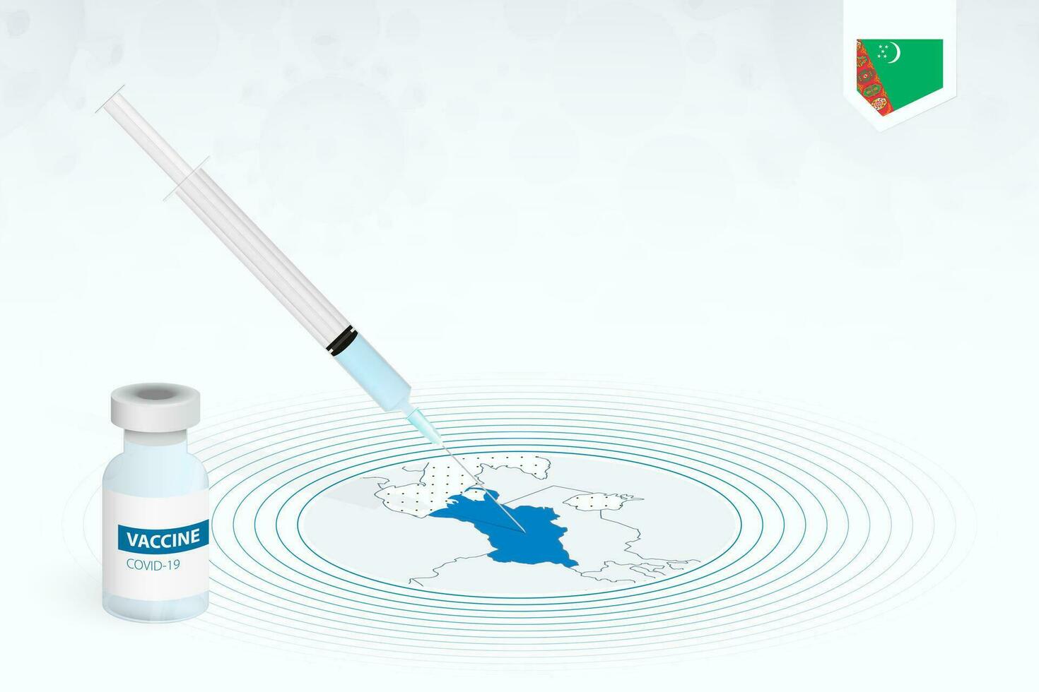 covid-19 vacunación en turkmenistán, coronavirus vacunación ilustración con vacuna botella y jeringuilla inyección en mapa de turkmenistán vector