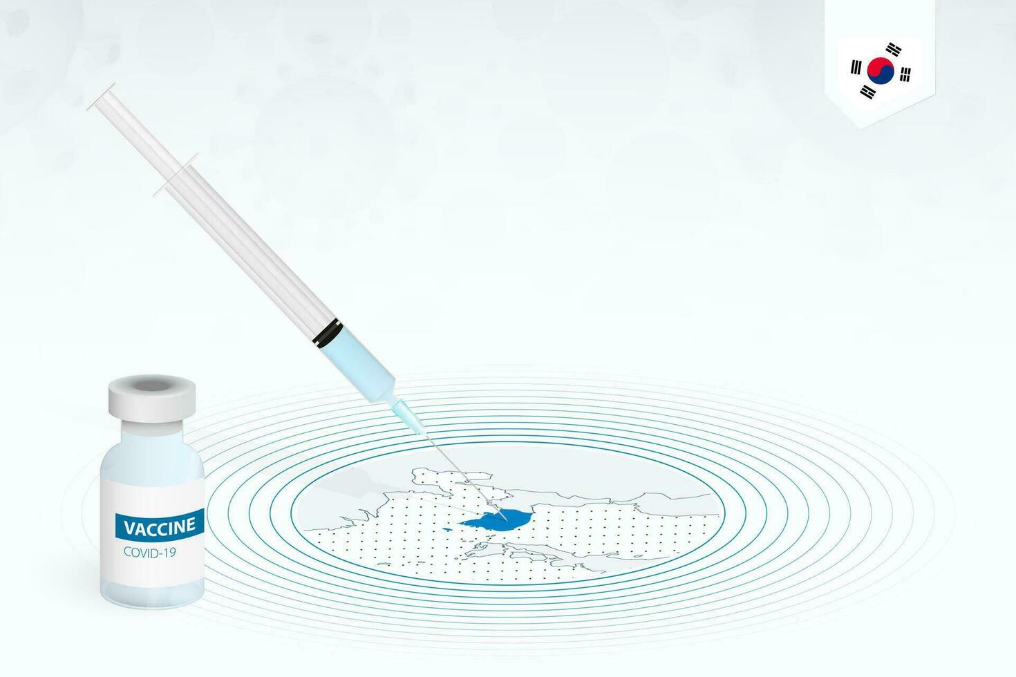 COVID-19 vaccination in South Korea, coronavirus vaccination illustration with vaccine bottle and syringe injection in map of South Korea. vector