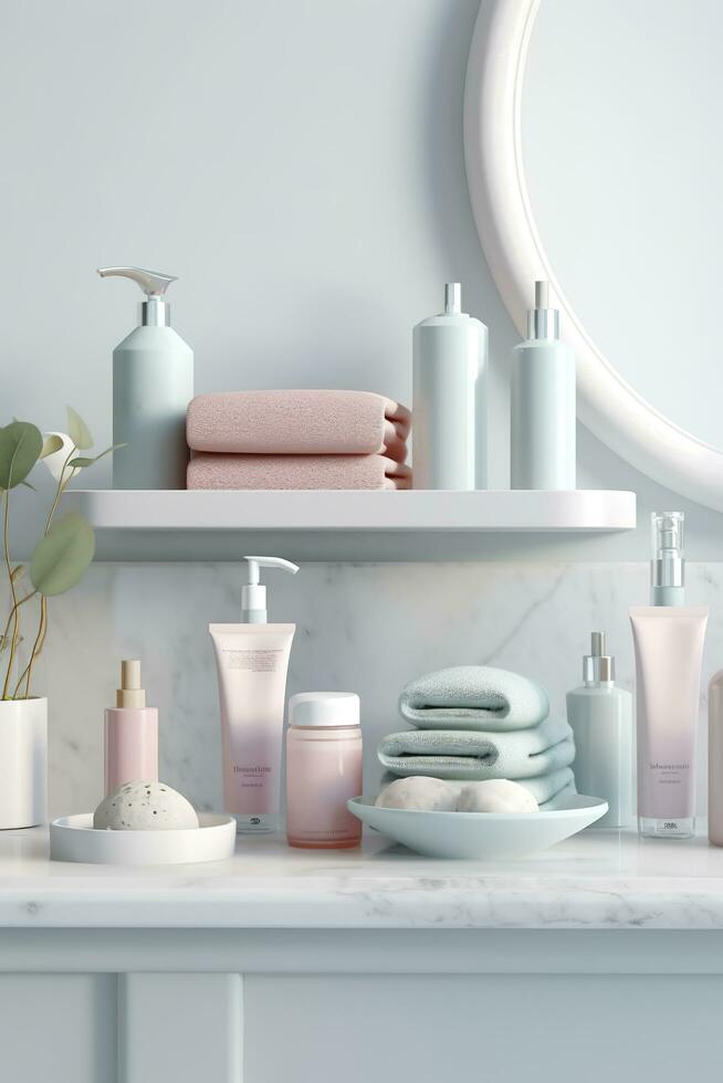 Pastel Skincare Products Arranged in a White Bathroom. Barbiecore Bright Palette Makeup Banner. AI Generative photo