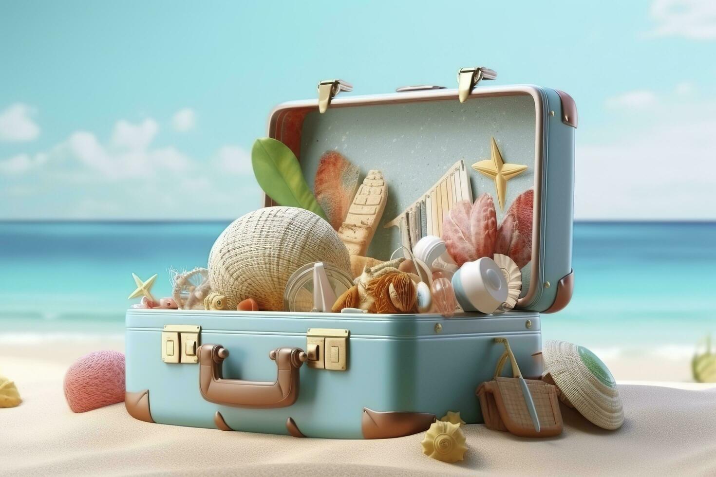 Creative Summer Beach Composition in Suitcase on Blue Background, A Travel Concept Idea in 3D Rendering. AI Generative photo