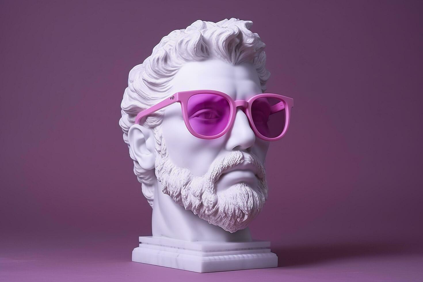 The head of a white mythological statue with fashionable pink glasses on his eyes, frame in profile. AI Generative photo