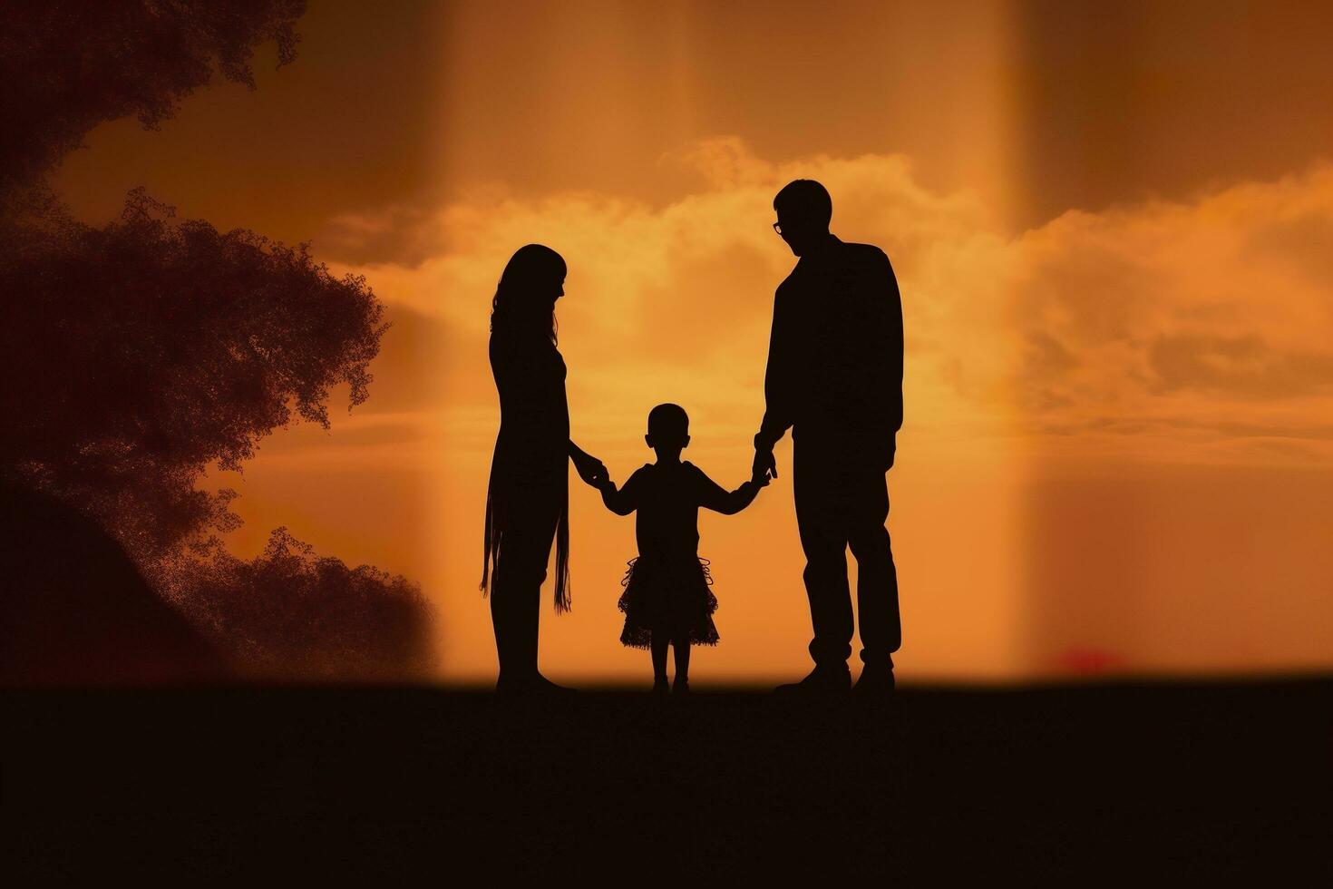 Shadow of Happy family together, parents with their little baby at sunset. A Silhouette of Love and Unity. AI Generative photo