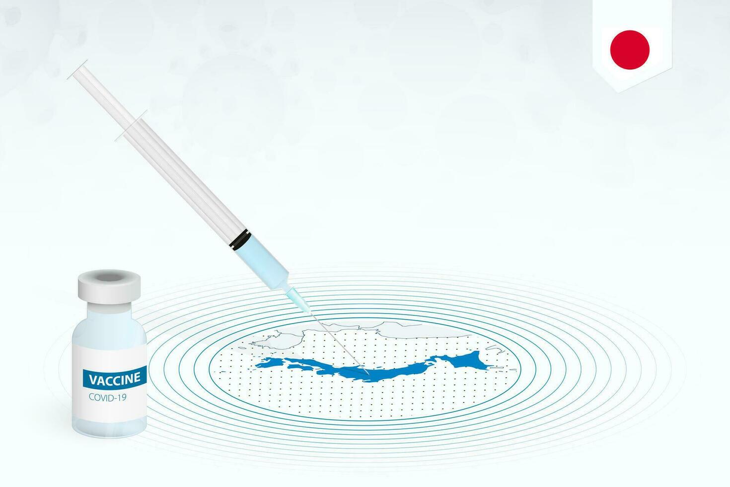 COVID-19 vaccination in Japan, coronavirus vaccination illustration with vaccine bottle and syringe injection in map of Japan. vector