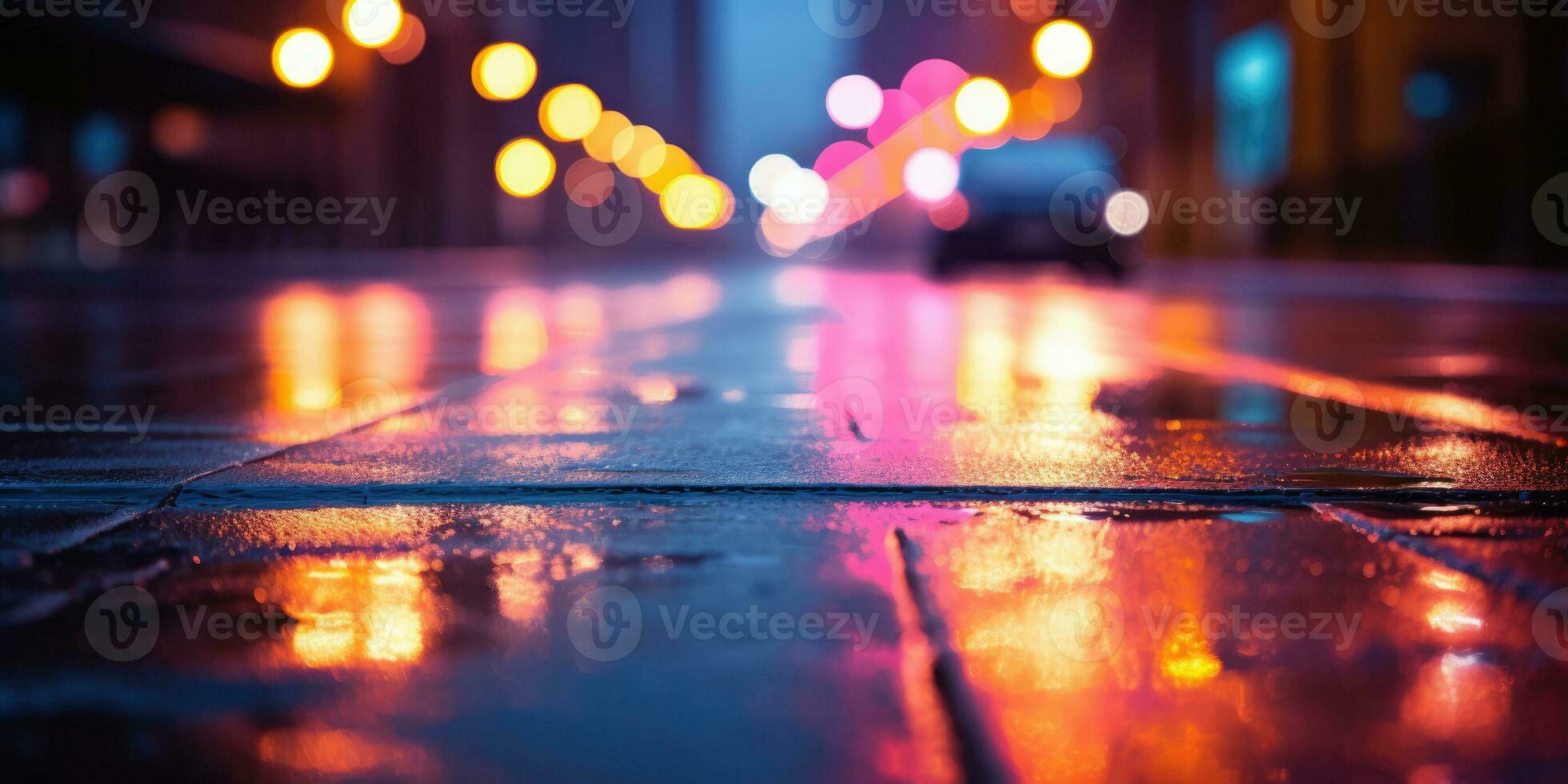 Wet asphalt with neon light. Created with AI tools photo