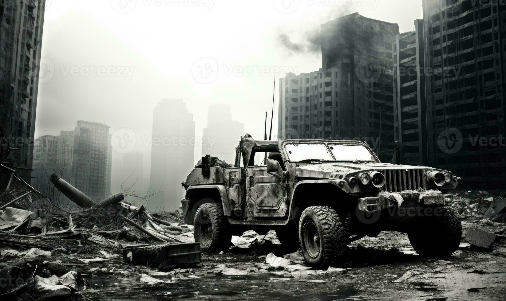 Burnt-out military vehicle. Created with AI photo