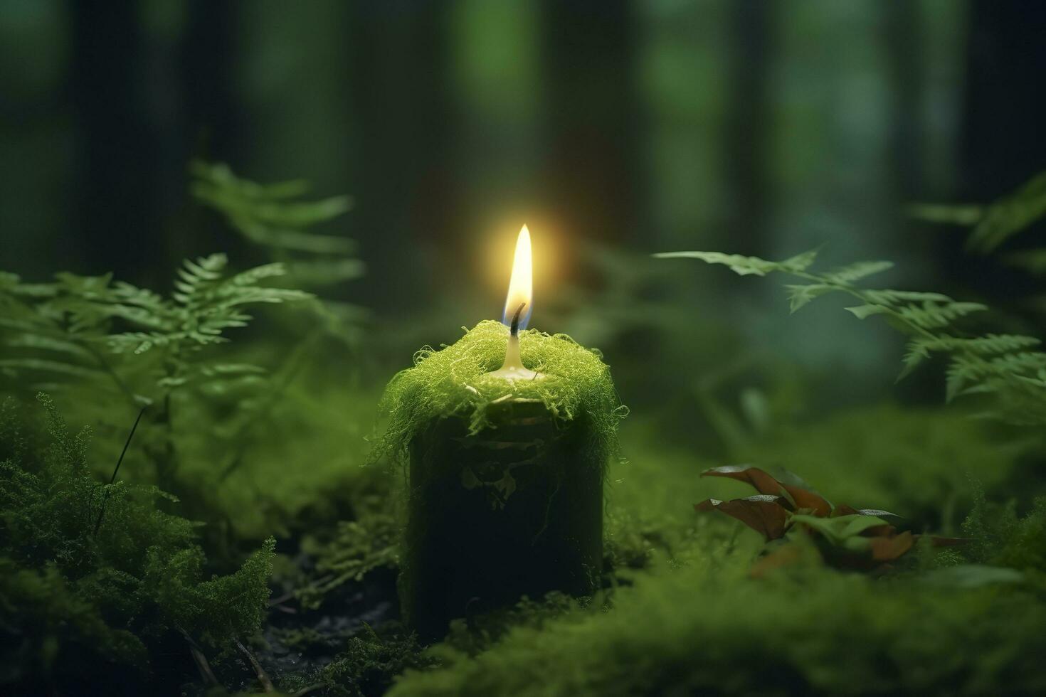 Burning candle on moss, dark green blurred the natural background. Magic candle. Generative AI photo