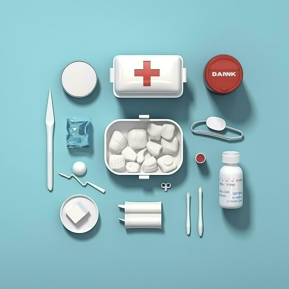 First aid kit top view on a blue background. Pills, plaster, thermometer, bandage, are laid out nearby, 3d render, AI Generative photo