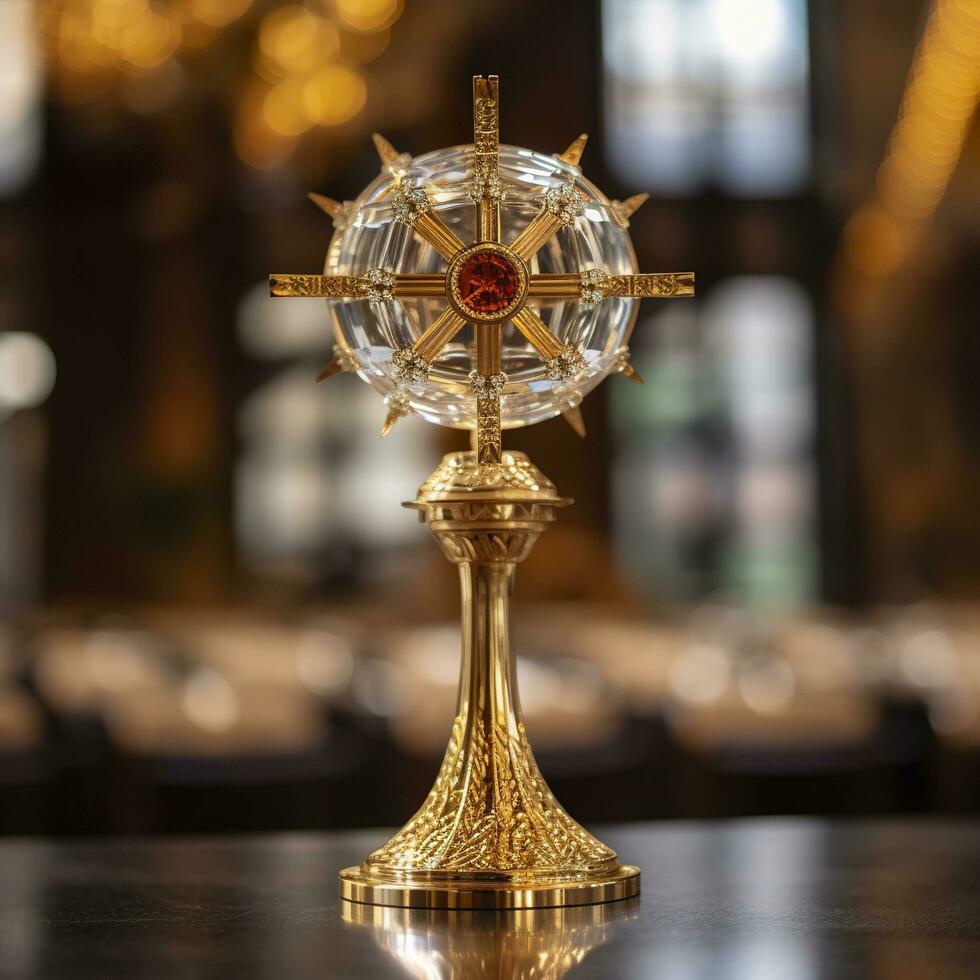 The golden monstrance with a little transparent crystal center, consecrated host. church defocused background. AI Generative photo