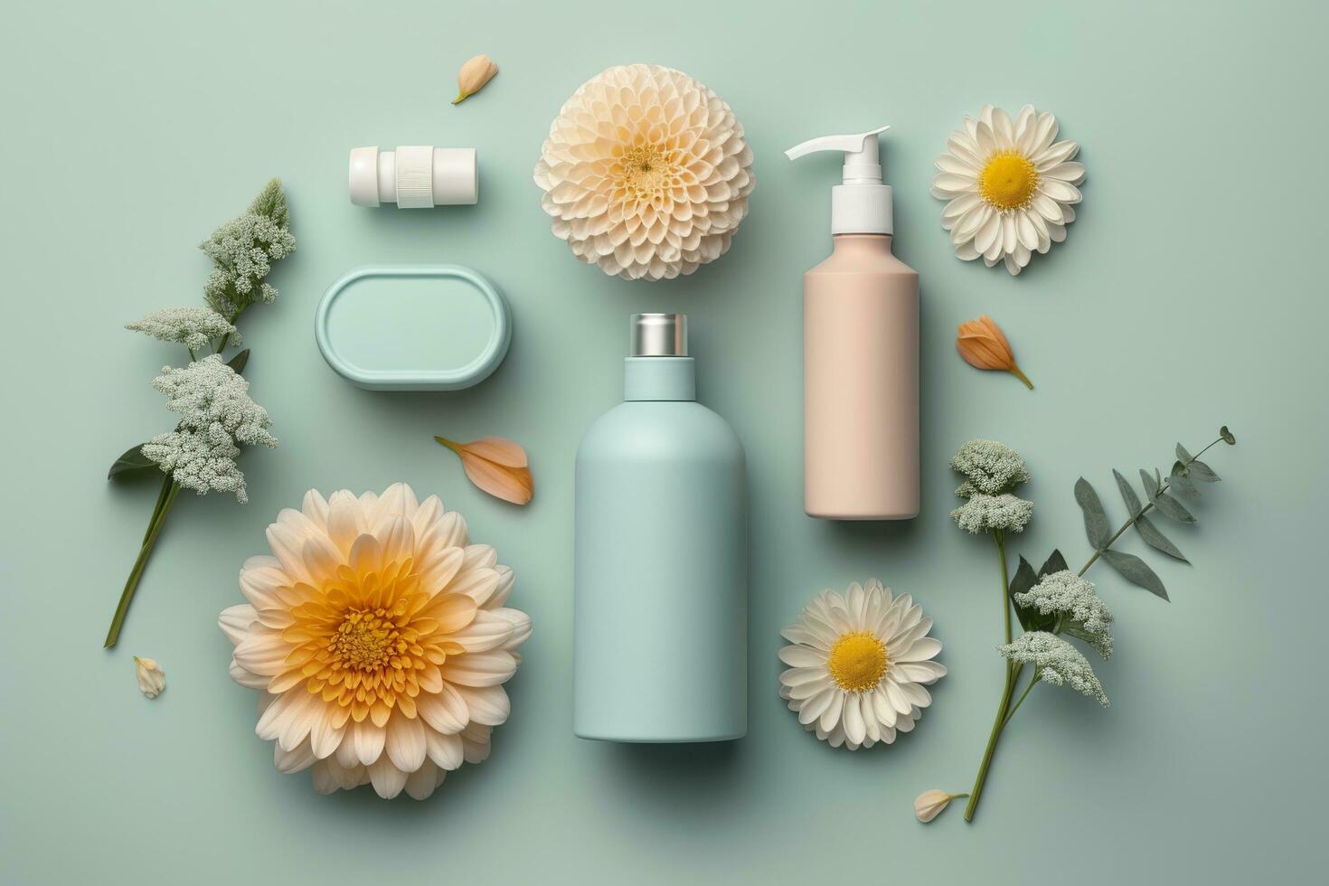 Fresh floral skincare concept. Top view flat lay of pump bottle, pipette, cream bottles, and tubes with flowers on pastel blue background with an empty circle for text or branding. AI Generative photo