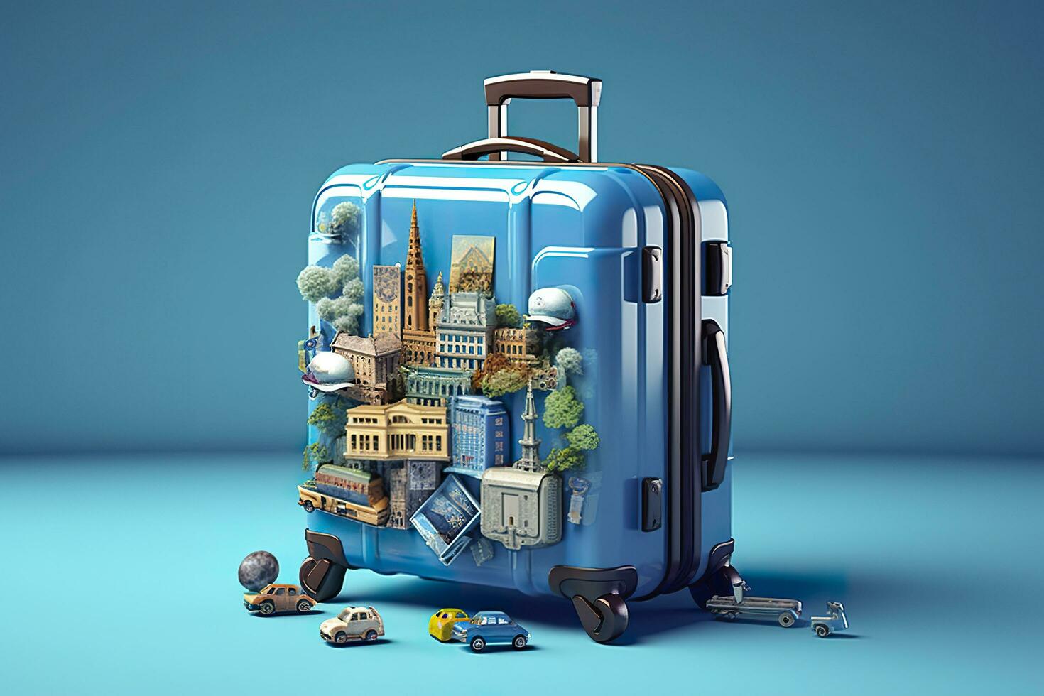 Blue suitcase full of landmarks and travel accessories on blue background. Generative AI photo