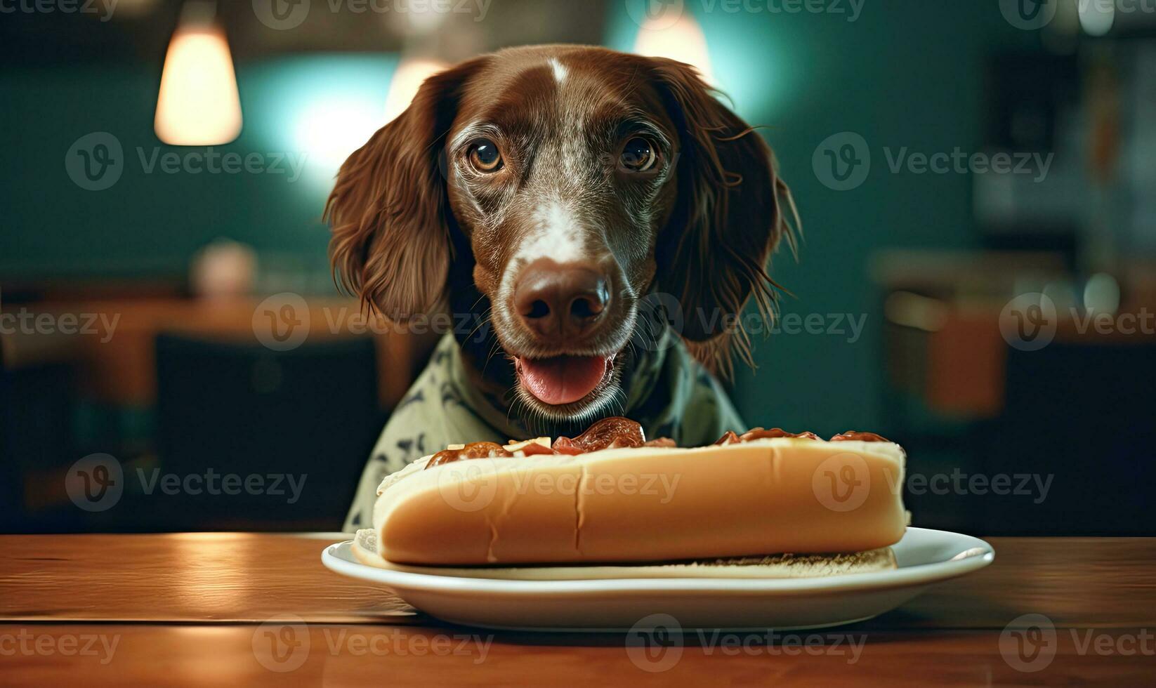 Dog about to indulge in a hot dog treat. Created with AI photo