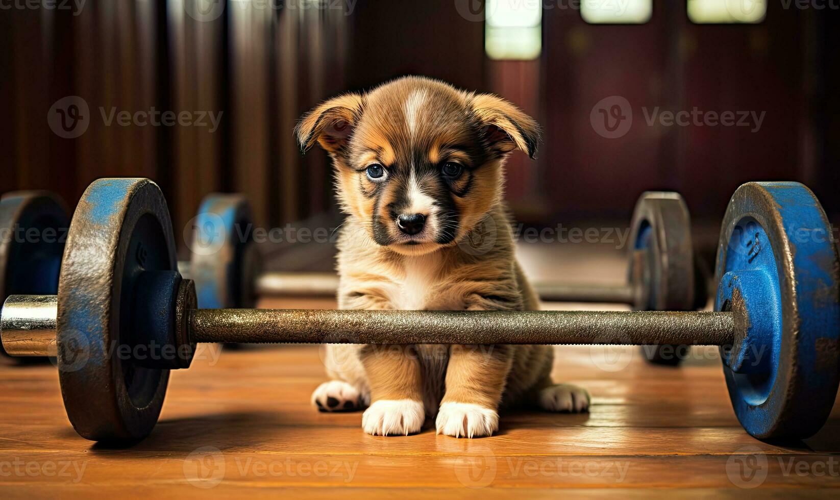 In a gym setting, a small puppy alongside a barbell captures. AI generative photo