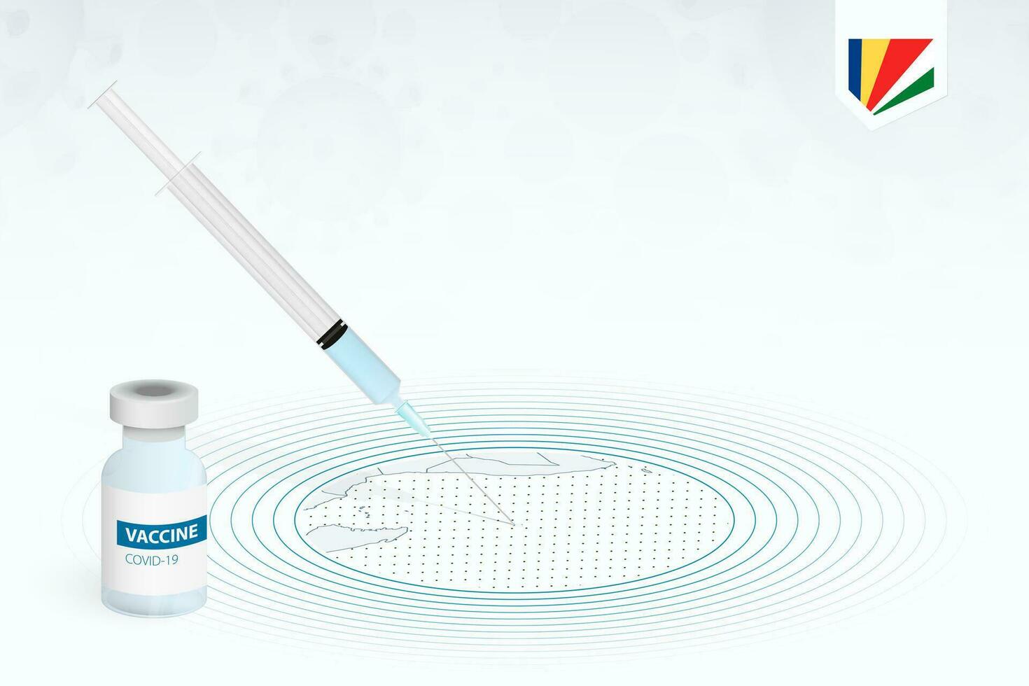 COVID-19 vaccination in Seychelles, coronavirus vaccination illustration with vaccine bottle and syringe injection in map of Seychelles. vector