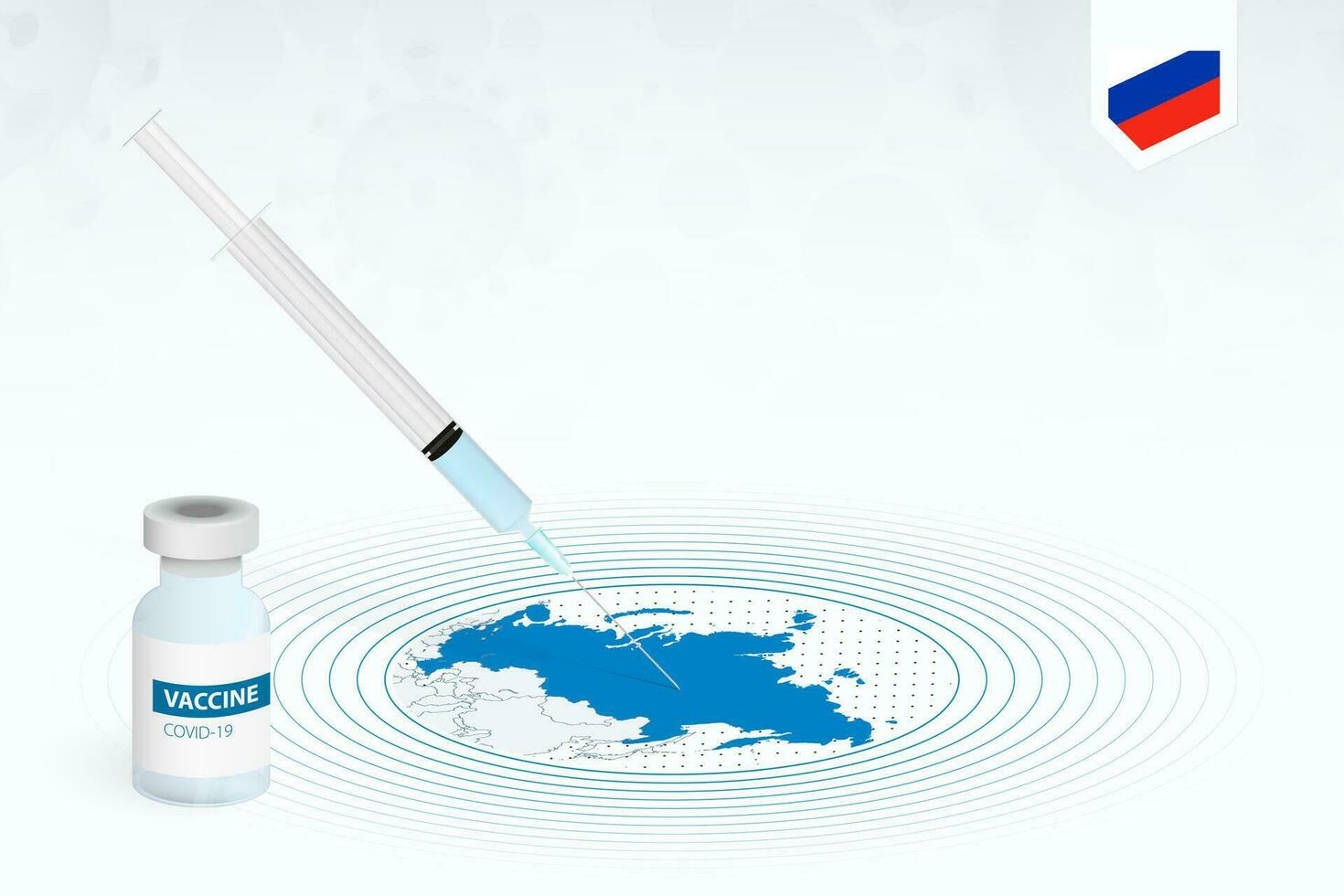 covid-19 vacunación en Rusia, coronavirus vacunación ilustración con vacuna botella y jeringuilla inyección en mapa de Rusia. vector