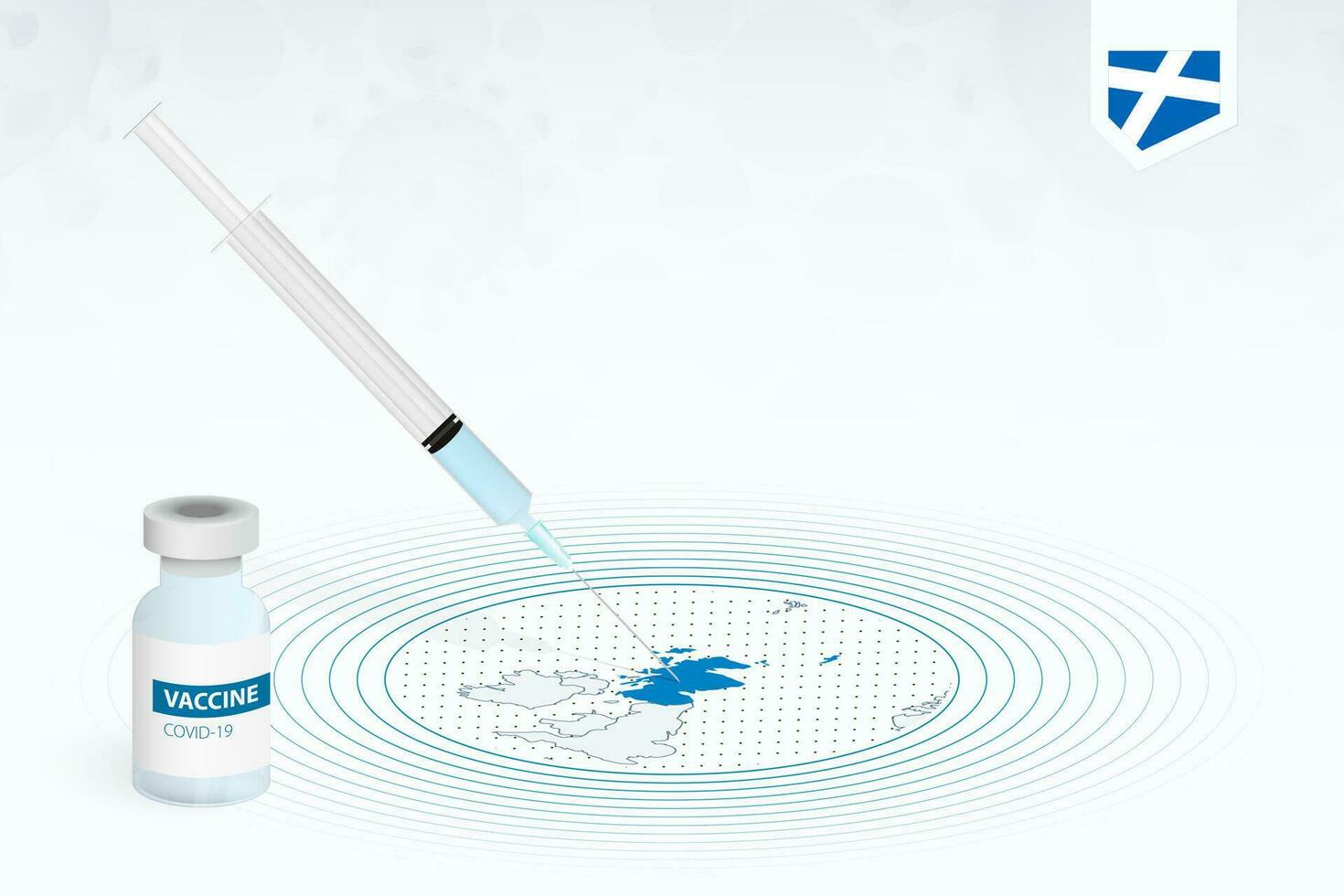 COVID-19 vaccination in Scotland, coronavirus vaccination illustration with vaccine bottle and syringe injection in map of Scotland. vector