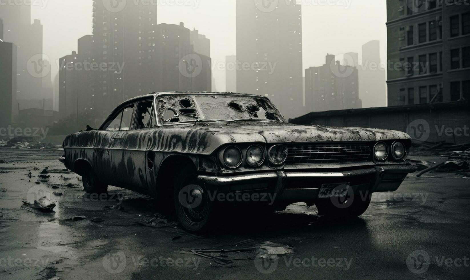 Burnt-out police car in an a city street backdrop. Created with AI photo