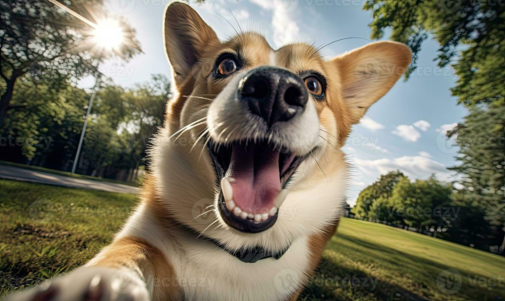 Close-up joyful corgi capturing a selfie. Created with AI photo