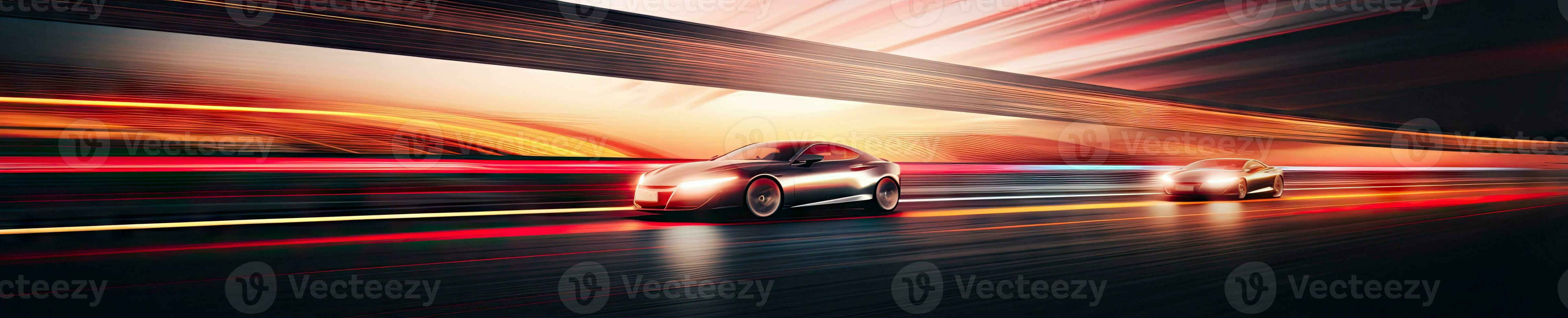 Under the night sky, a sleek sports car speeds along a racetrack. Created with AI photo