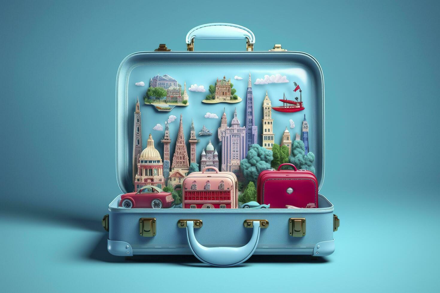 Blue suitcase full of landmarks and travel accessories on blue background. Generative AI photo