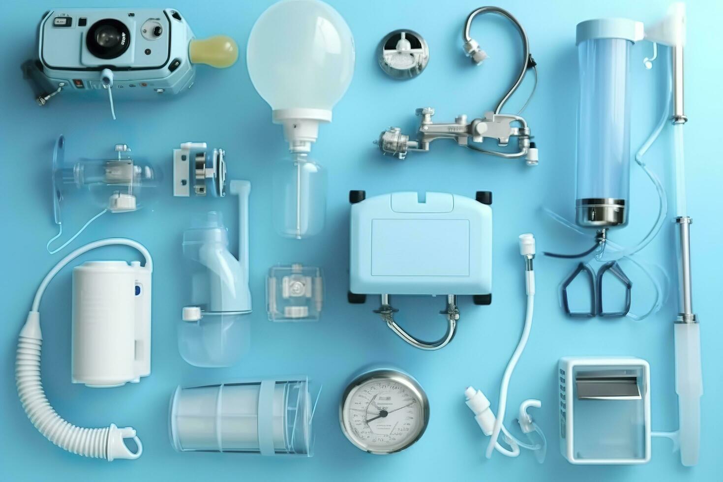 top view on various medical equipment, light blue background, copy space, AI Generative photo