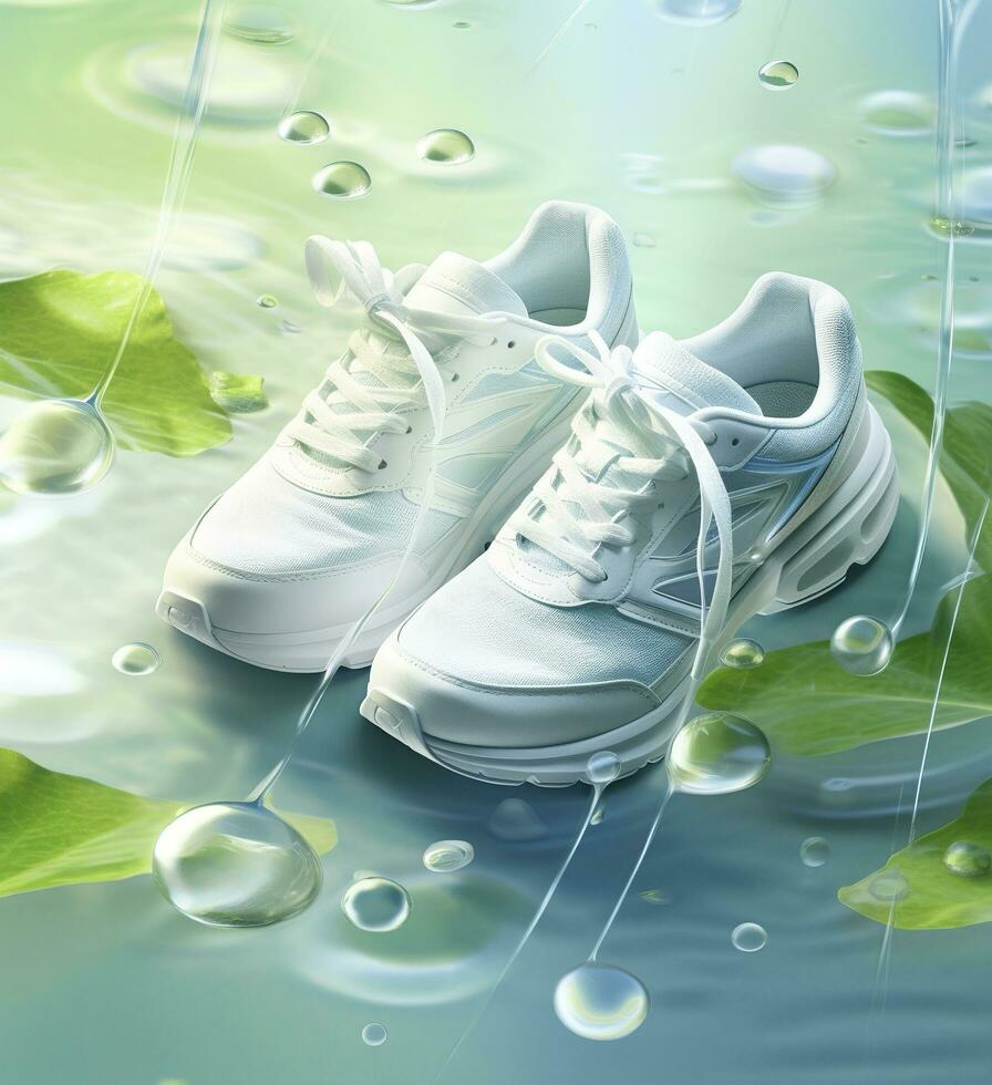 Fresh fly running shoes in water and wind in the style of natural patterns light white and light indigo ethereal illustration light blue and light green delicate still life. AI Generative photo