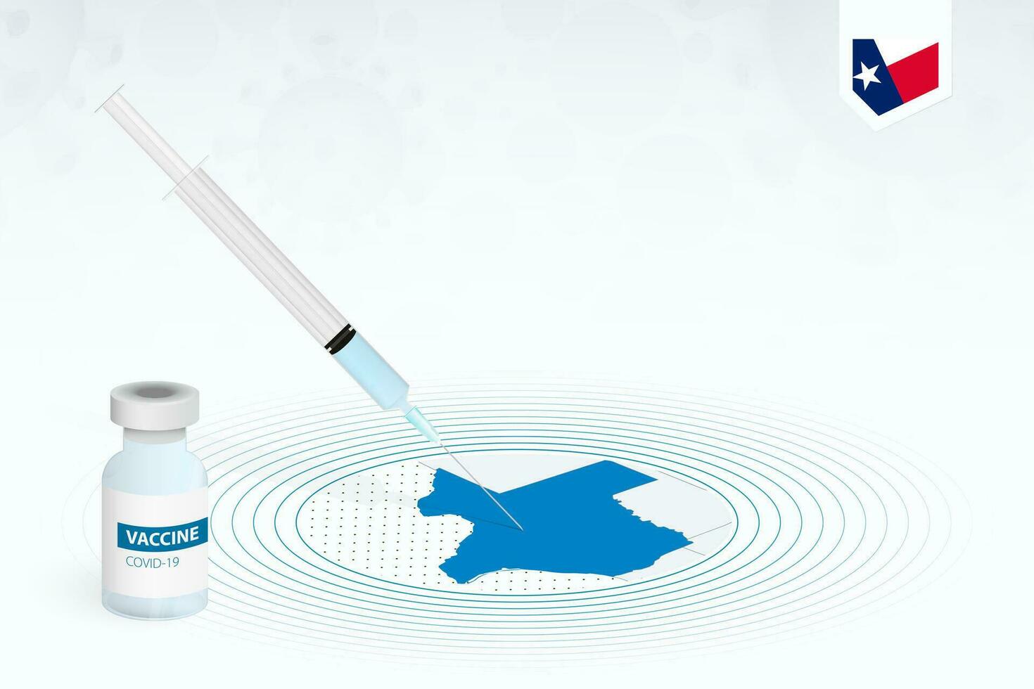 COVID-19 vaccination in Texas, coronavirus vaccination illustration with vaccine bottle and syringe injection in map of Texas. vector