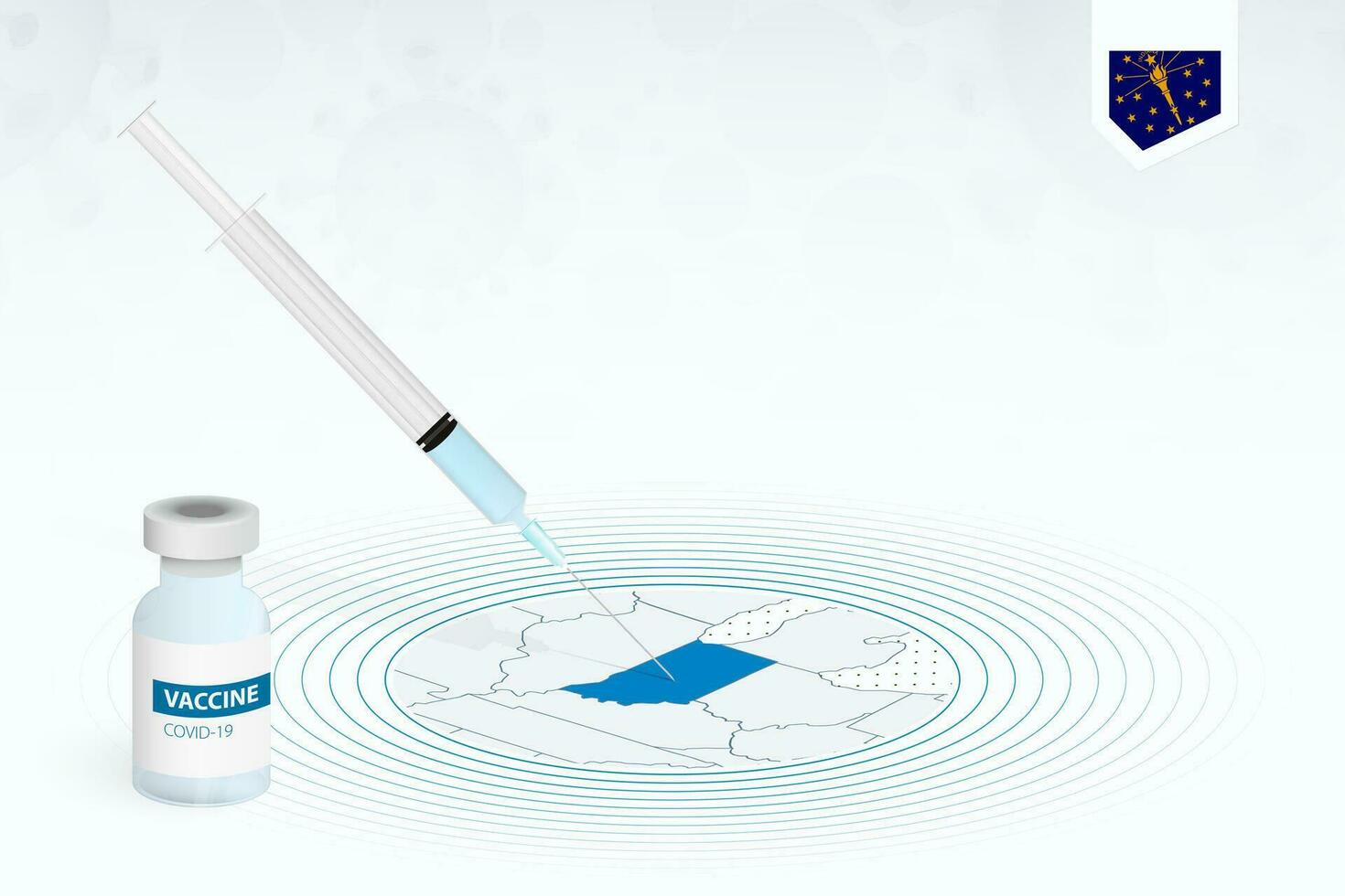 COVID-19 vaccination in Indiana, coronavirus vaccination illustration with vaccine bottle and syringe injection in map of Indiana. vector