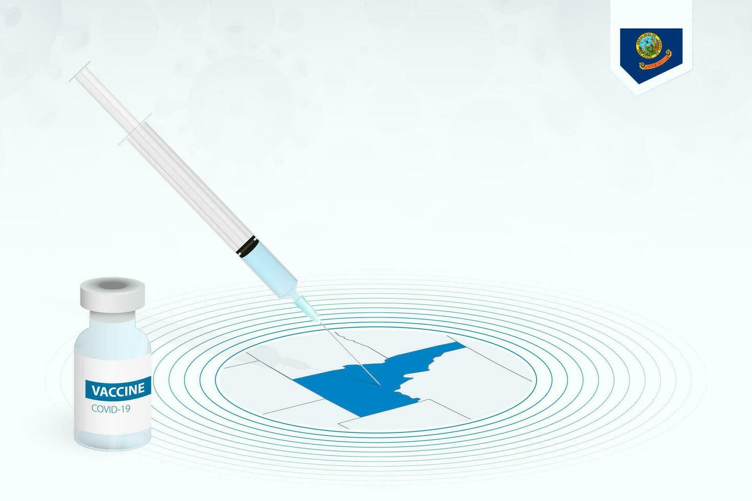 COVID-19 vaccination in Idaho, coronavirus vaccination illustration with vaccine bottle and syringe injection in map of Idaho. vector