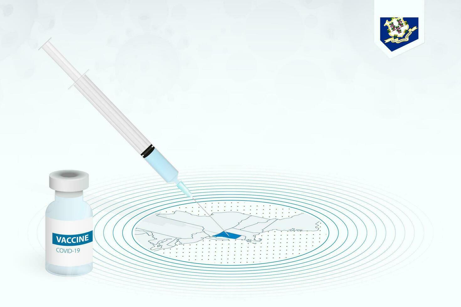 COVID-19 vaccination in Connecticut, coronavirus vaccination illustration with vaccine bottle and syringe injection in map of Connecticut. vector