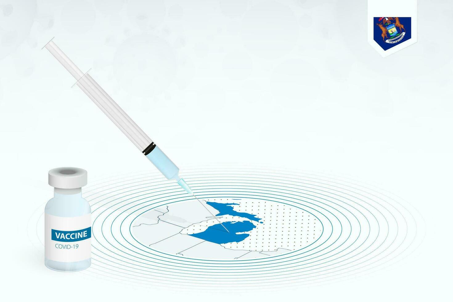 COVID-19 vaccination in Michigan, coronavirus vaccination illustration with vaccine bottle and syringe injection in map of Michigan. vector